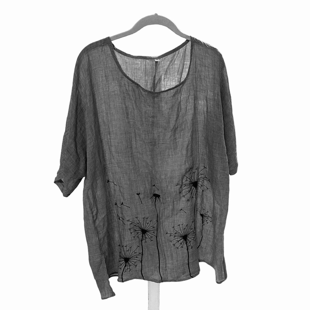 NWOT sheer tunic 3X. Grey with navy dandelions.  Short sleeve.